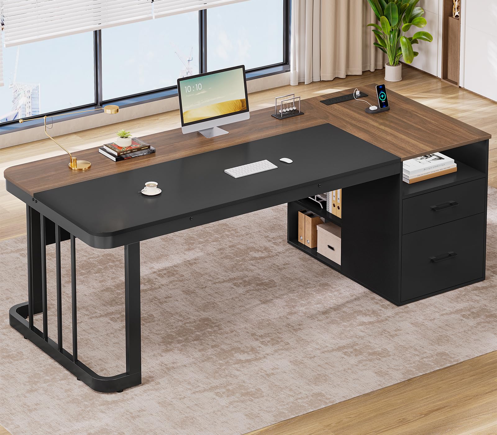 70.9" Executive Desk with Power Outlet, Drawers & File Cabinet