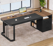 70.9" Executive Desk with Power Outlet, Drawers & File Cabinet