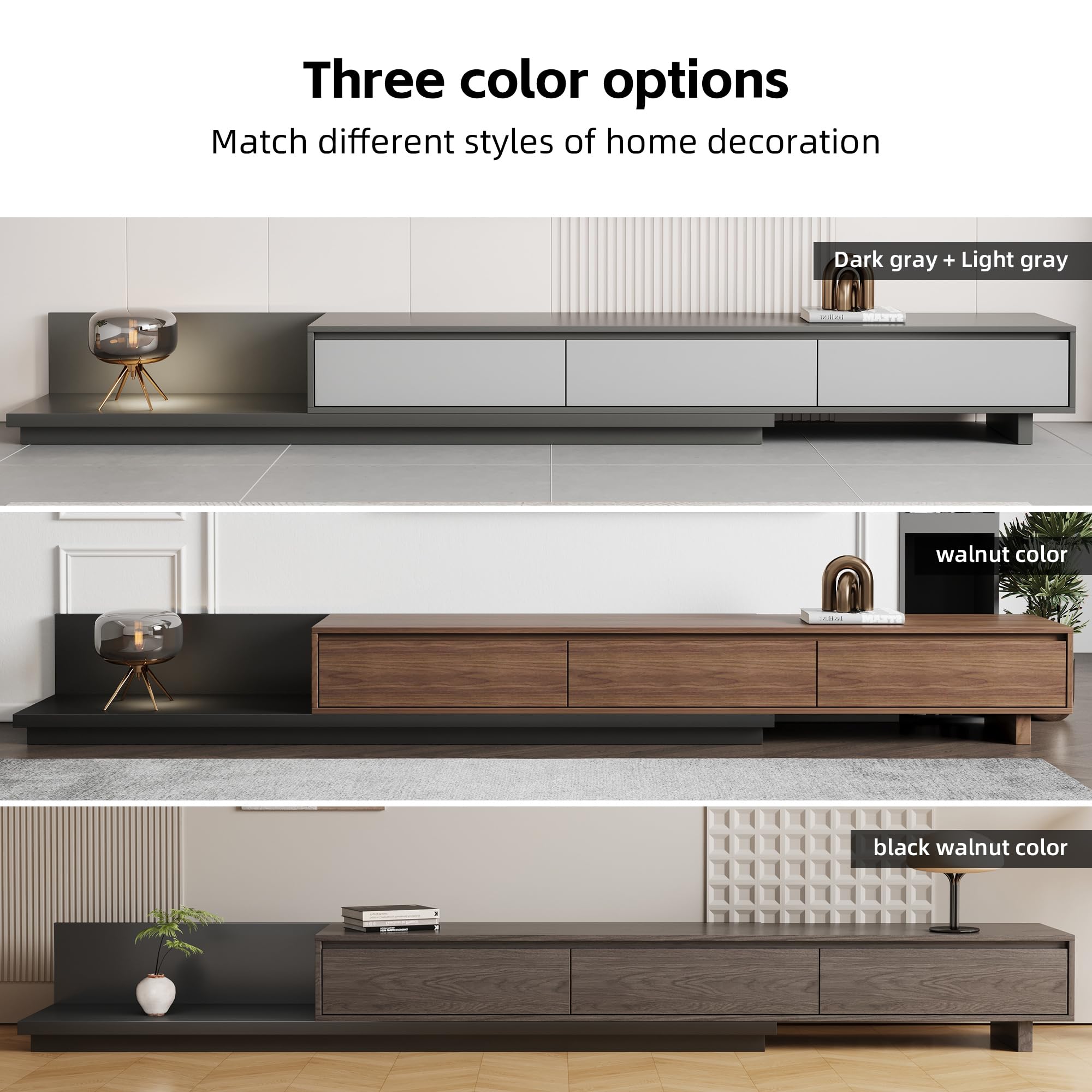 gaoyangjiaju Mid-Century Modern Extendable TV Cabinet with 3 Drawers,Entertainment Center Adjustable from 78.7" to 130",TV Stand for Living Room,Black Walnut