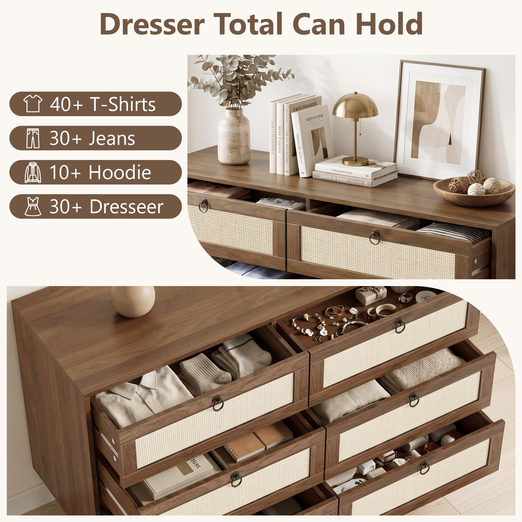 LAZZO 6 Drawer Dresser for Bedroom Dresser for Closet Rattan Chest of Drawers Mid Century Modern TV Stand with Golden Handles for Closet, Living Room and Apartment (Walnut)