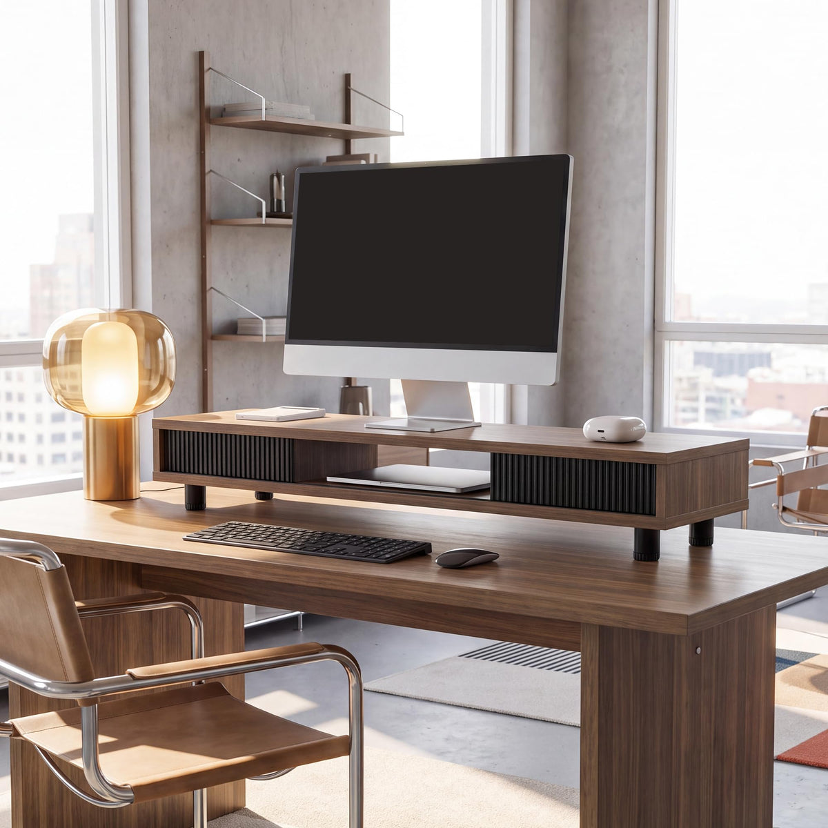 Fenge Dual Monitor Stand with Storage, Desk Shelf with Glass Sliding Door
