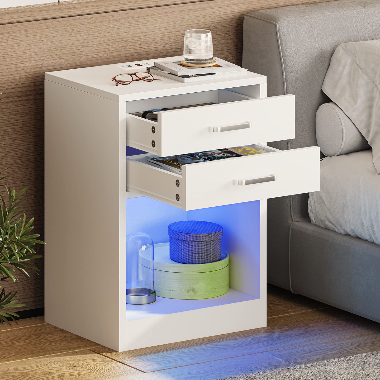 ADORNEVE LED Nightstands Set of 2,Night Stands for Bedrooms Set of 2,Nightstand with Charging Station and LED Lights,White Bedside Table with Power Outlets & Drawers,Modern End Side Table