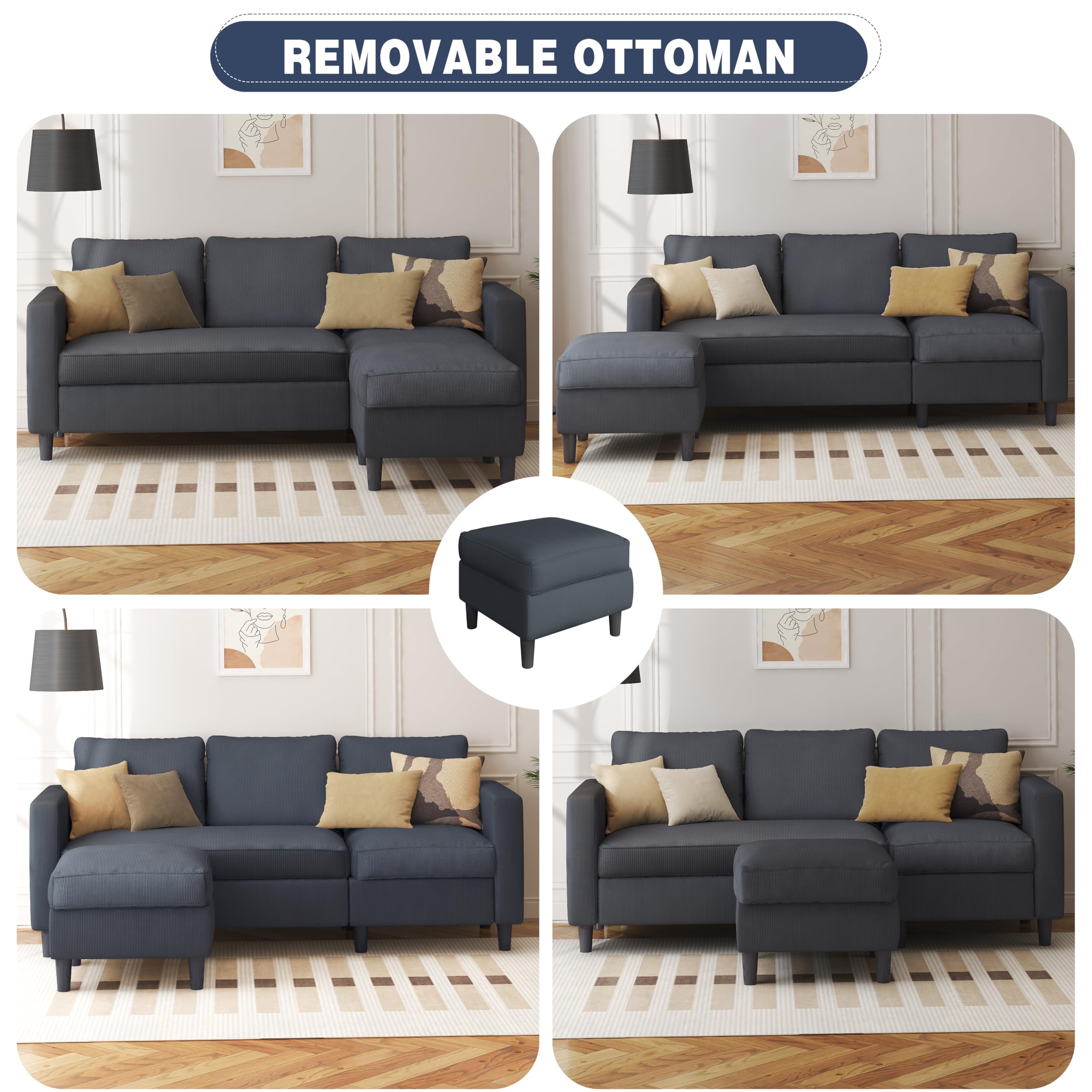 L-Shaped Convertible Sectional Sofa with Ottoman