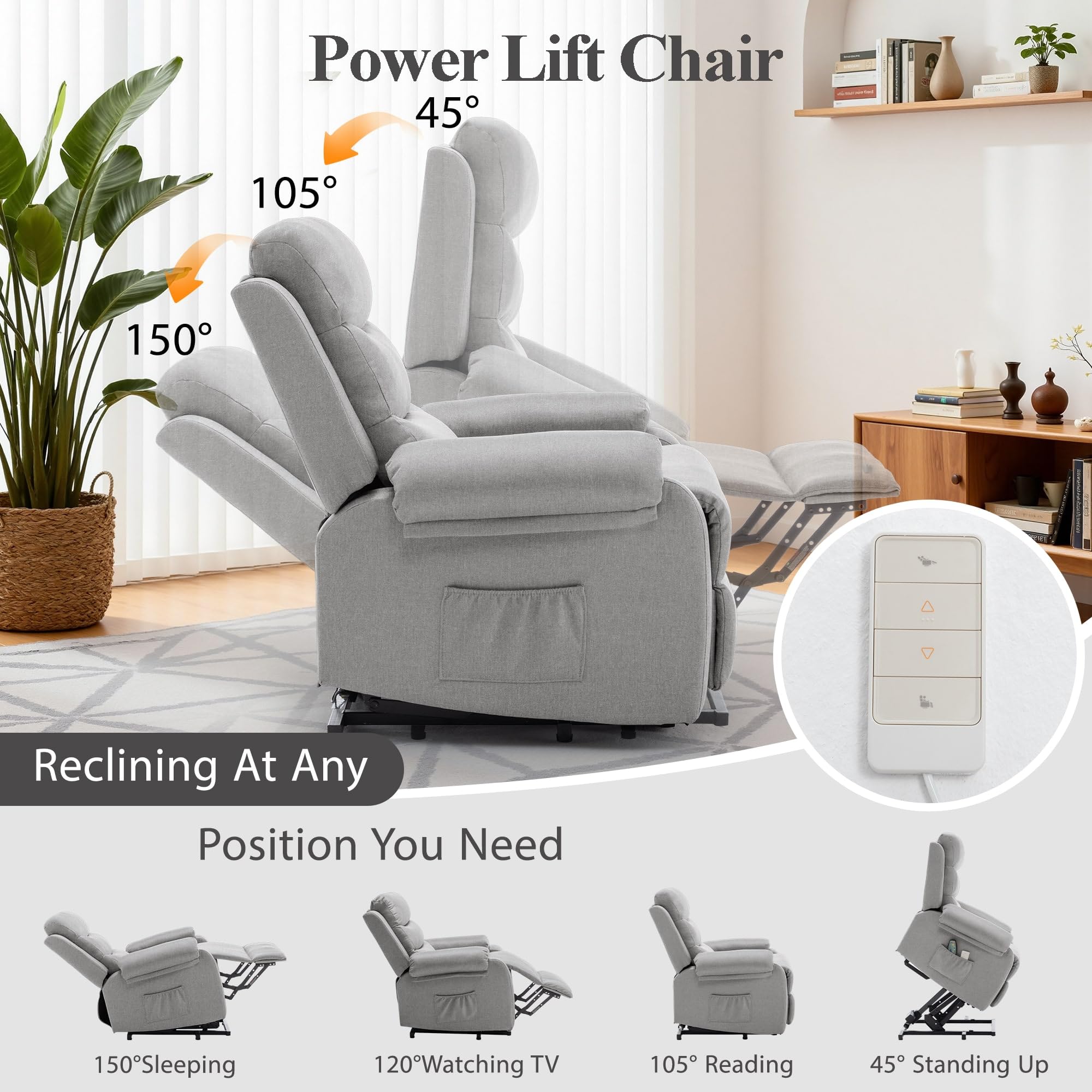 Korser Power Lift Recliner Chair for Elderly, Electric Lift Chair for Adults, Small Recliner with Side Pockets for Living Room Reading Room, Recliner Saves Your Favorite Position, Lightgrey