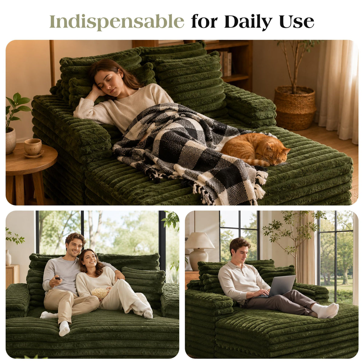 TUNYI Oversized Chaise Lounge Chair Indoor, Faux Fur Upholstered Sofa Bed with Wood Frame, Sleeper Couch Throw Pillow and Armrest for Living Room, Movie Room, Bedroom, Guest Room (Green)