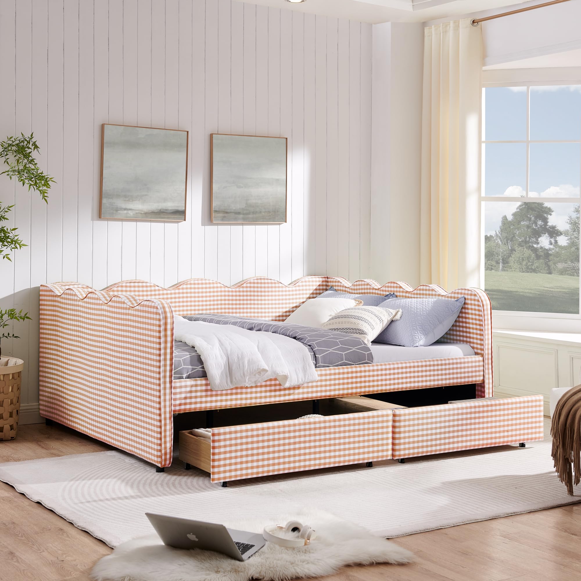 DNYN Gingham Daybed with 2 Storage Drawers and USB Ports for Bedroom/Guest Room, Queen Size Adorable Wave Shape Design Sofabed Frame with Wooden Slats Support, No Box Spring Needed