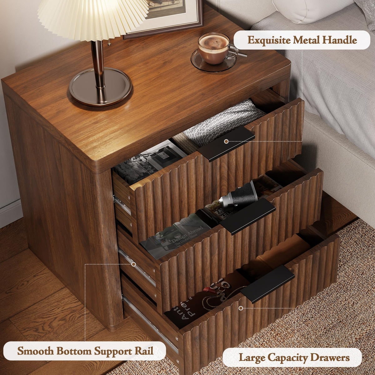 LOOMORA Fluted Nightstand with 3 Drawers, Night Stand, Walnut
