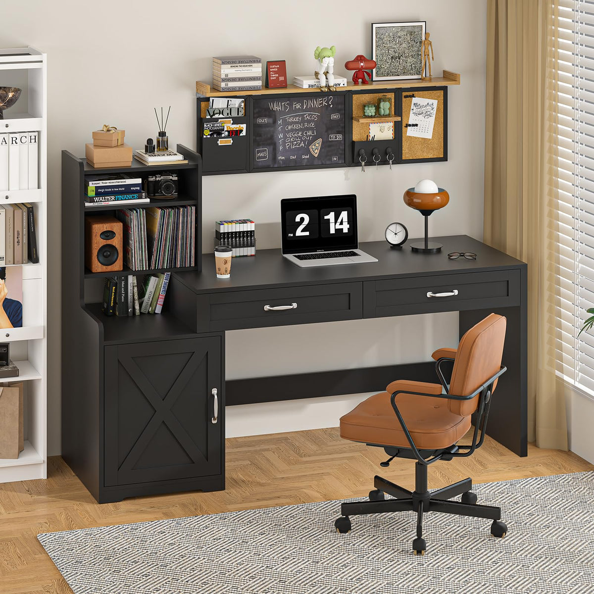 60" Computer Desk with Drawers & Bookshelves for Bedroom, Home Office