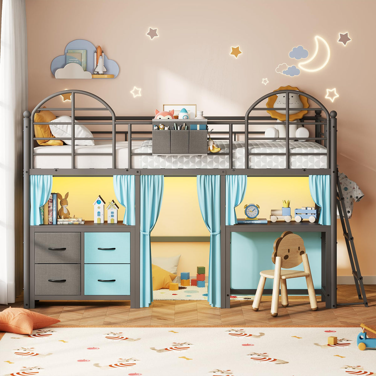 Twin Low Loft Bed with Desk & Storage