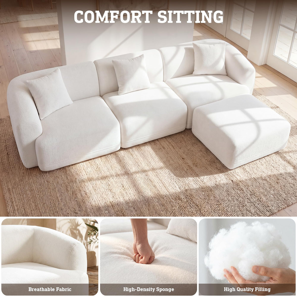 STO'SENSE 112" Boneless Couch 3 Seater Modular Sectional Sofa