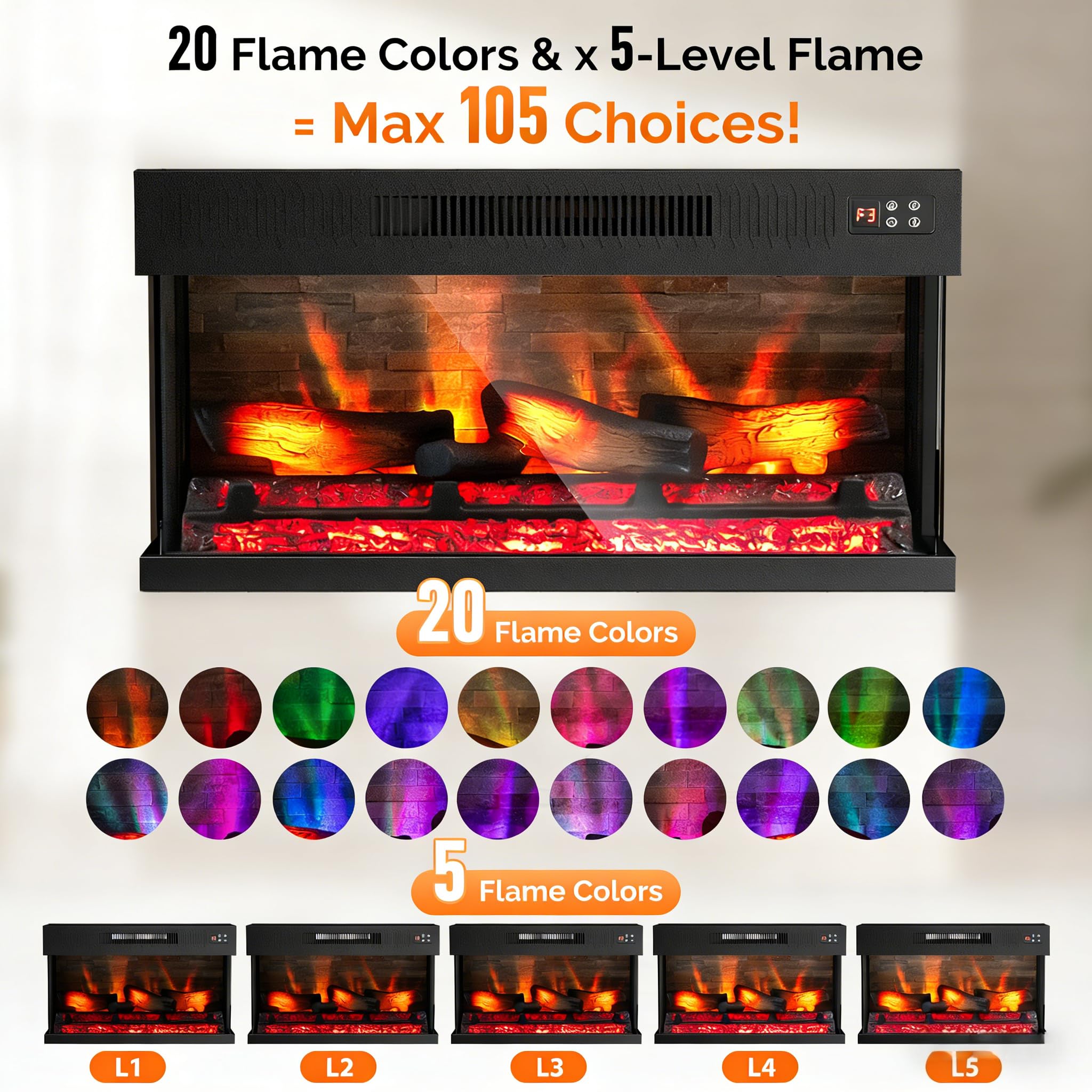 3-Sided Glass Recessed Electric Fireplace Insert with Remote & Timer
