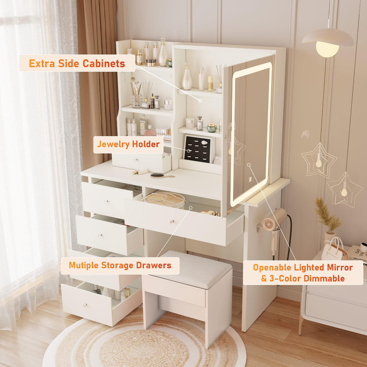 White Vanity Desk with LED Mirror