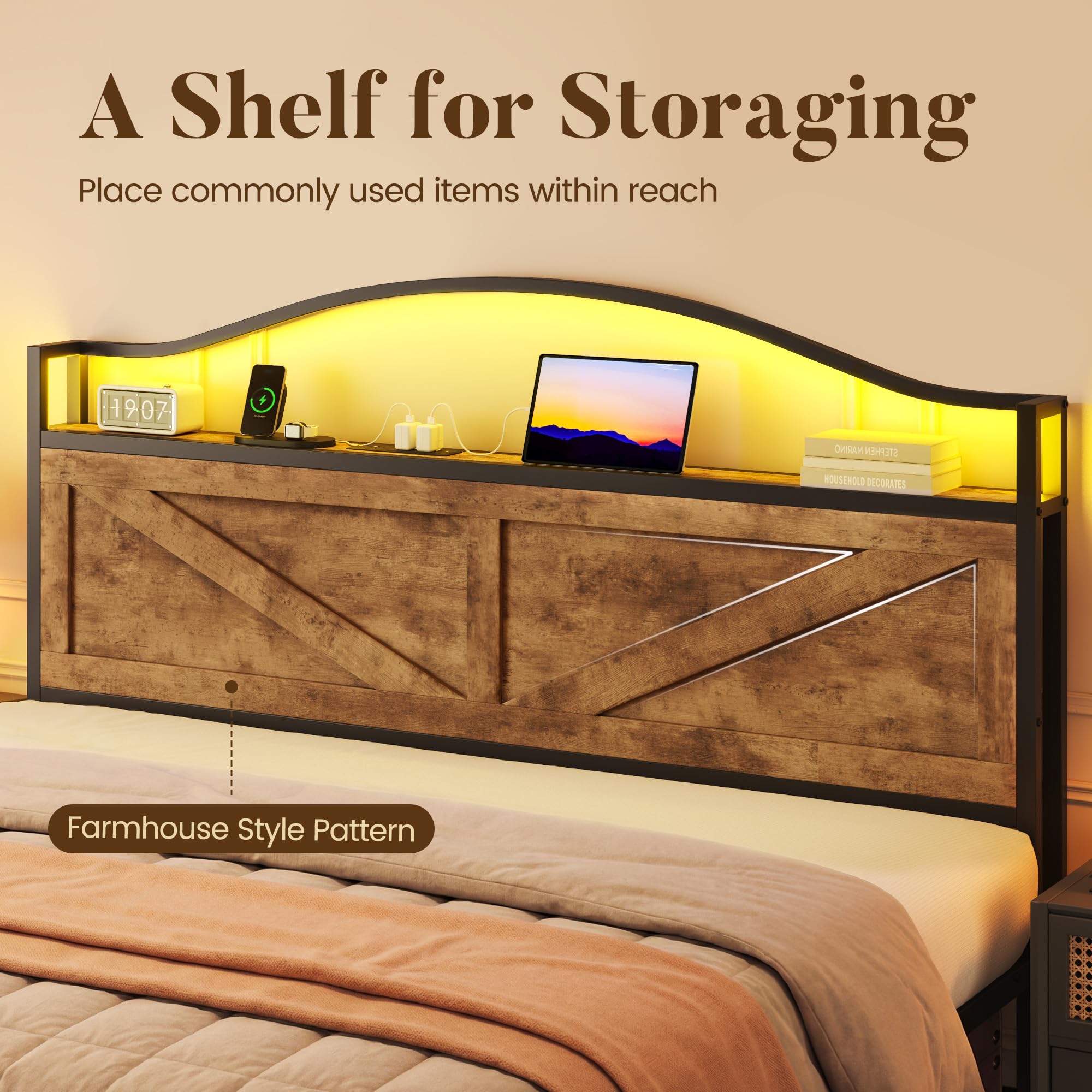 Lifezone Queen Bed with Farmhouse Storage Headboard, Queen Bed with 2 Storage Drawers and Fast-Charging Station and Led Light, No Box Spring Needed, Noise Free, Easy Assembly, Rustic Brown