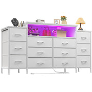 55" Dresser with LED Lights, Charging Station & 12 Fabric Drawers