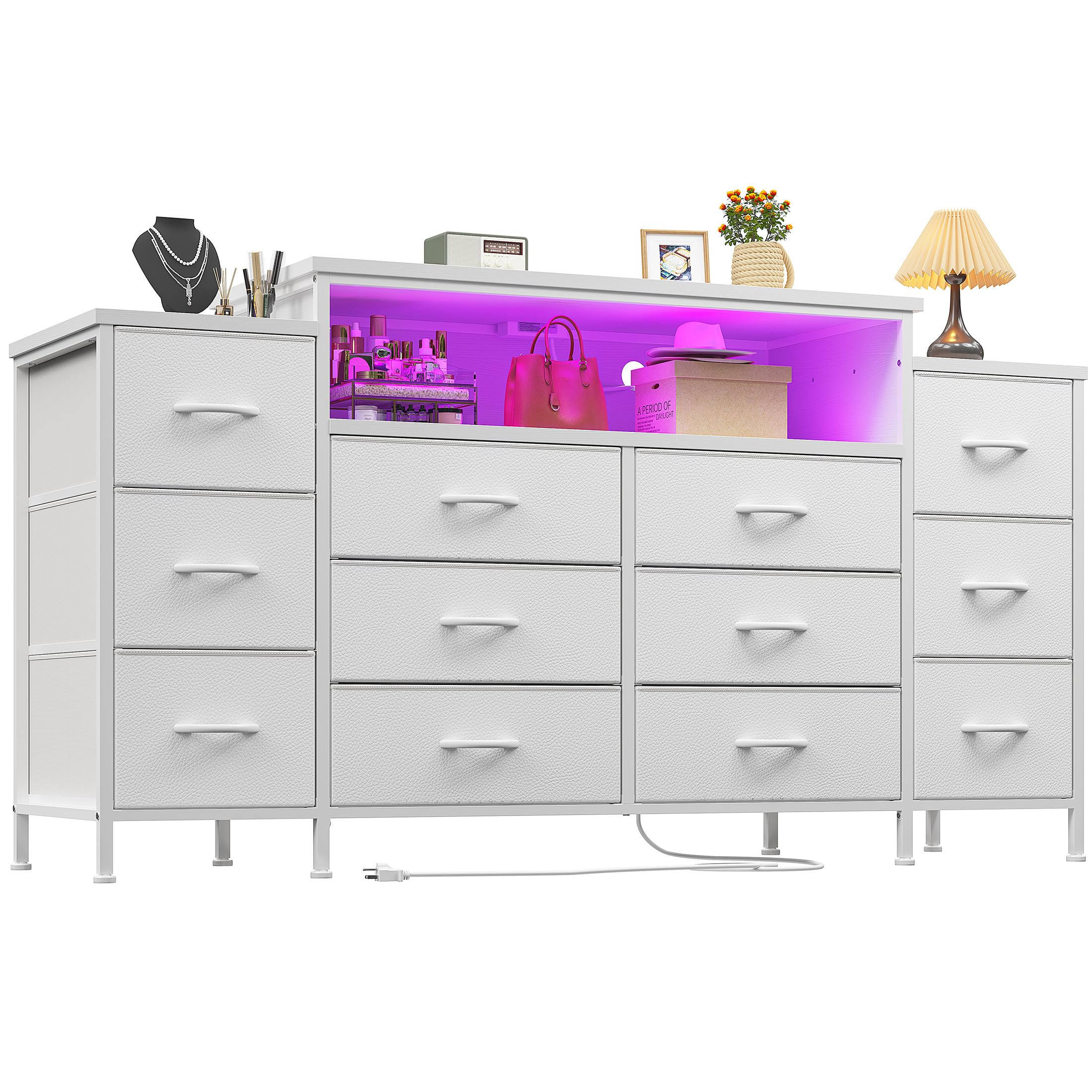 EnHomee 55" W Dresser for Bedroom with LED Lights & Charging Station 12 Drawer Dressers & Chests of Drawers Dresser TV Stand for Bedroom for Hanging 65" TV, Metal Frame & Fabric Drawers, White