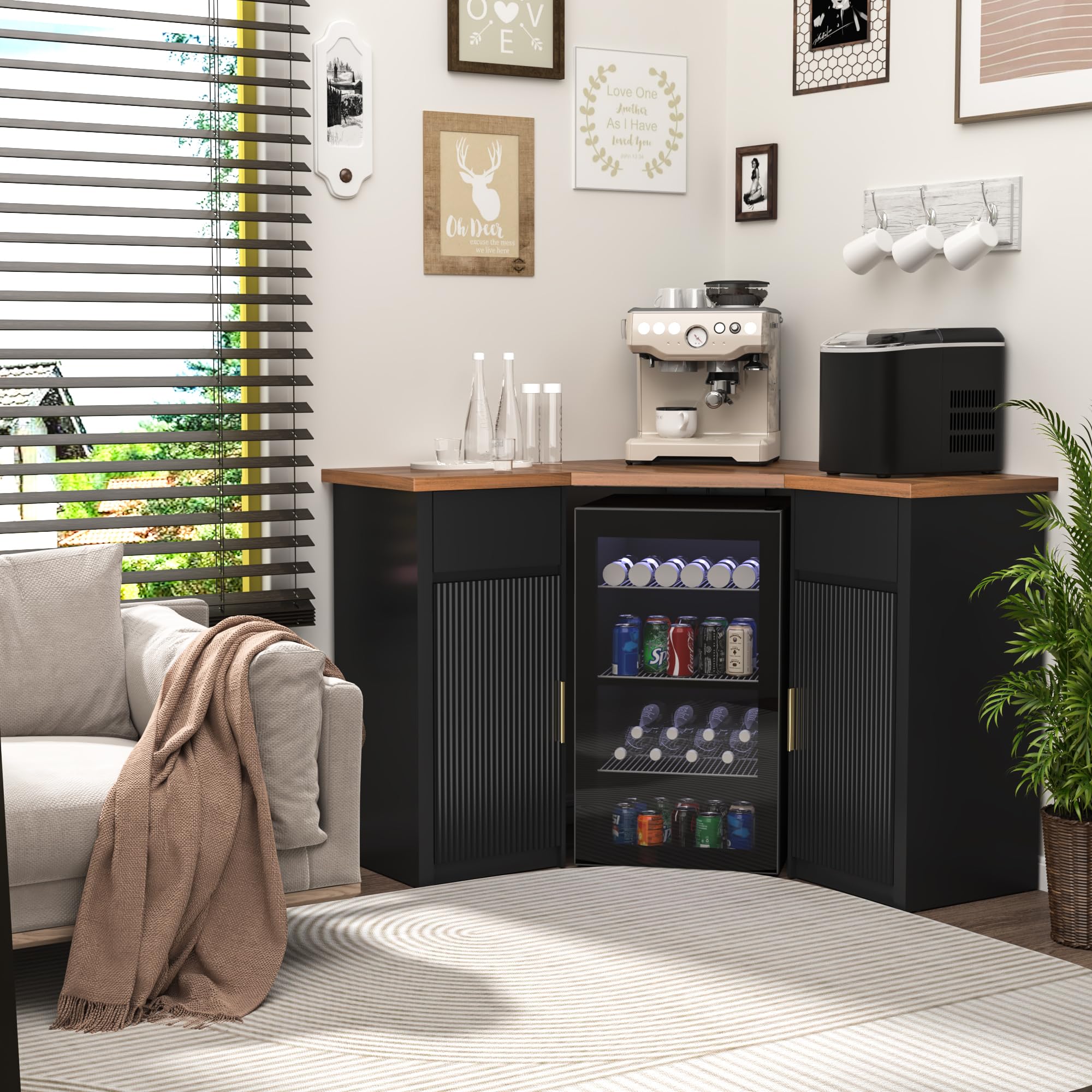 Corner Bar Cabinet with Fridge Space & Storage
