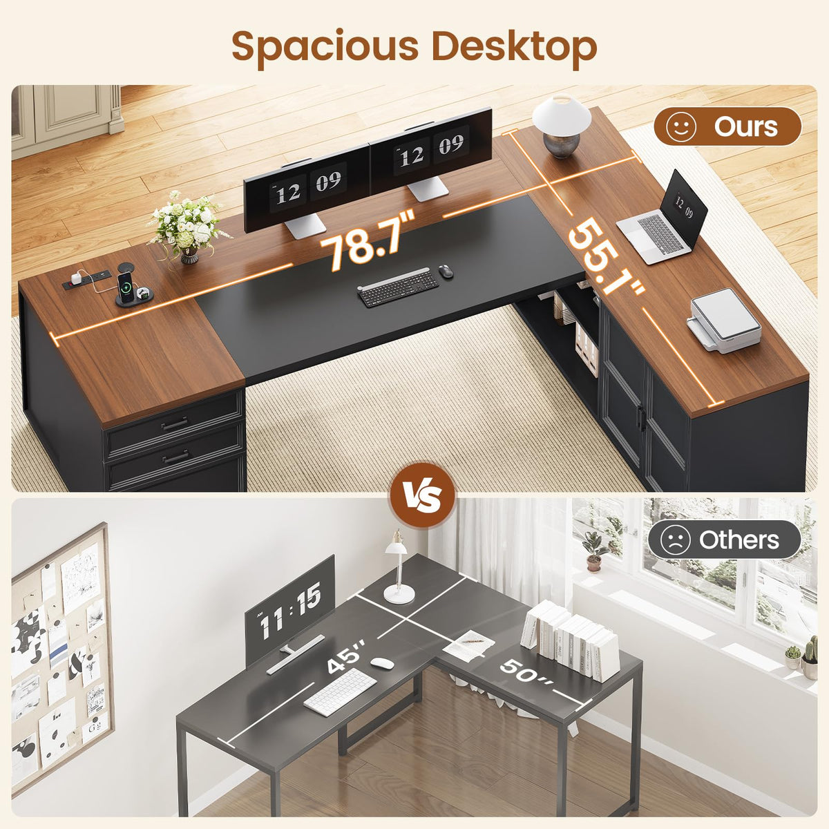 L-Shaped Executive Desk with Charging Station