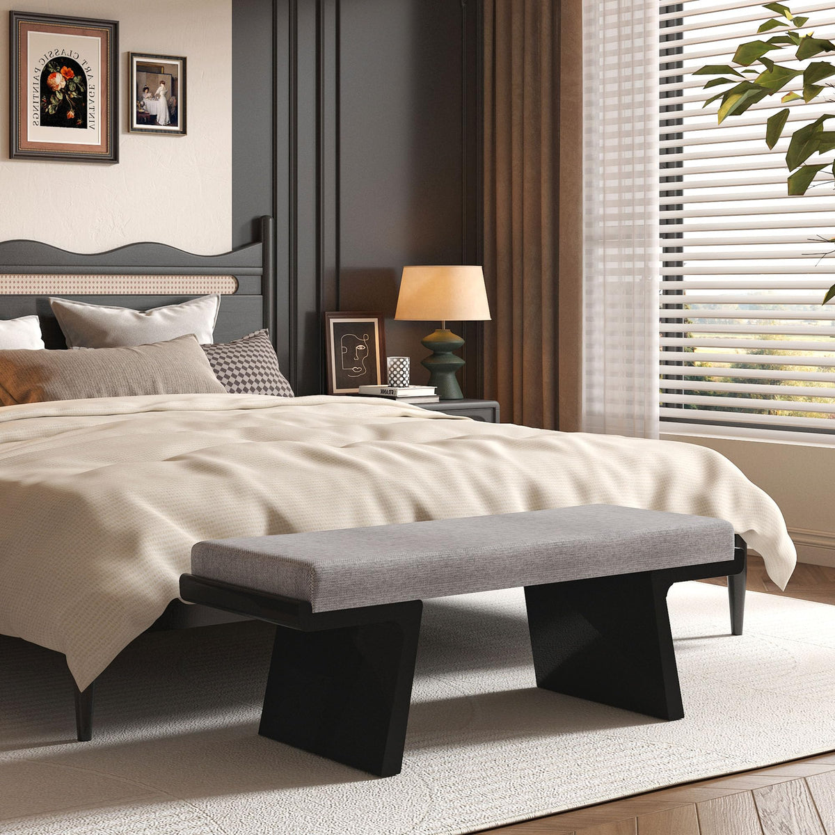 Linen Upholstered Wood Bench