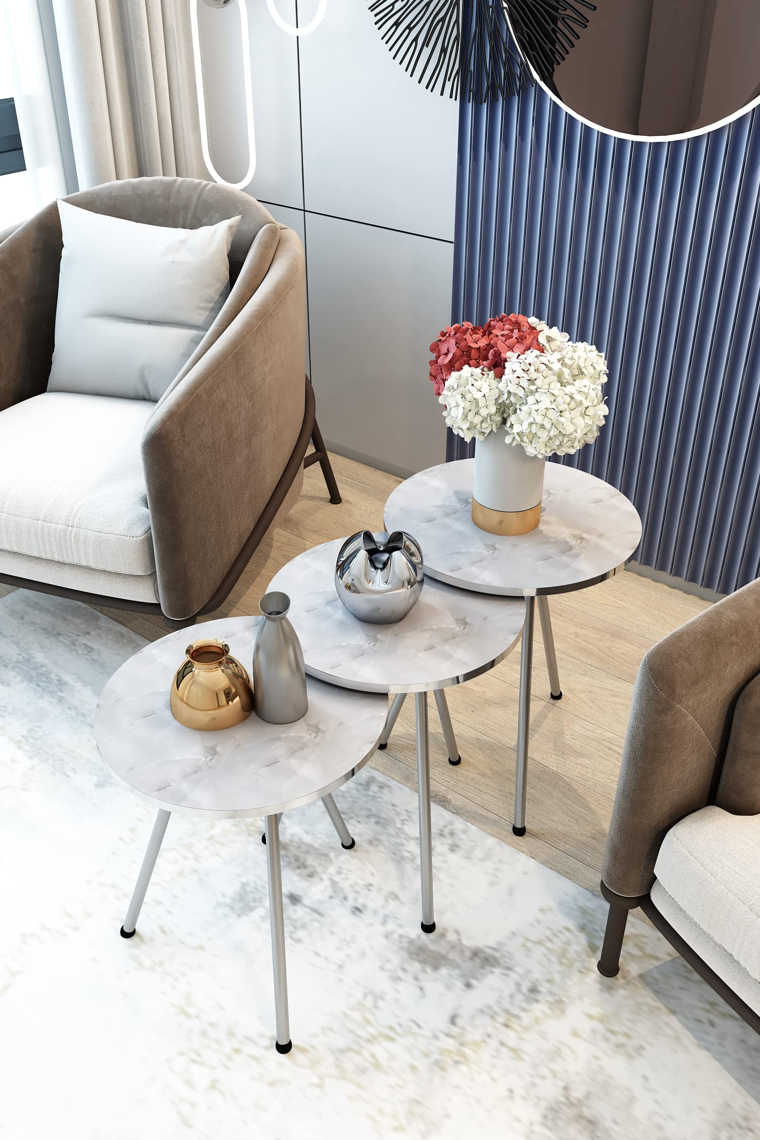 Round Nesting Tables Set of 3 – White Marble & Silver