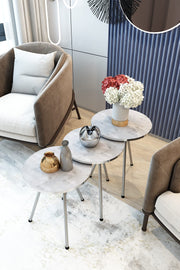 Round Nesting Tables Set of 3 – White Marble & Silver