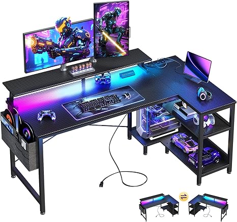 ODK 58 Inch Gaming Desk with USB Charging Ports and LED Lights, Reversible L Shaped Computer Desk with Storage Shelves & Monitor Stand, Corner Gamer Desk Table with Power Outlets, Black