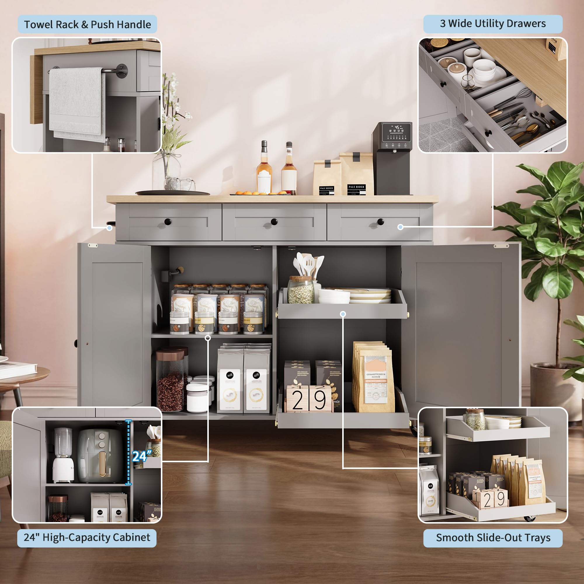 Rolling Kitchen Island with Drop Leaf & Charging Station