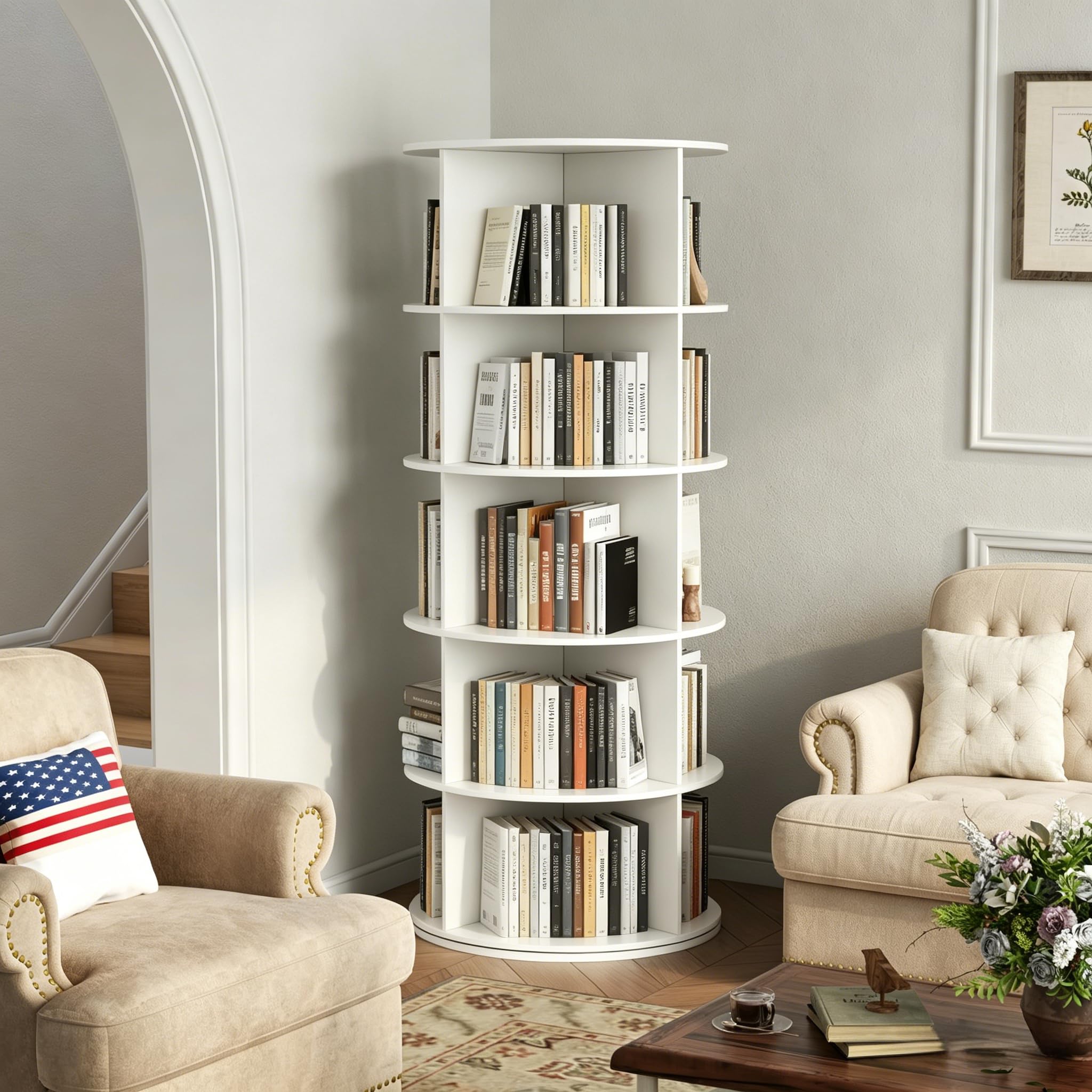 Gyfimoie Rotating Bookshelf Tower, 6-Tier Spining Corner Bookshelf 360°Revoving Bookcase Lazy Susan Storage Organizer for Kids Living Room (Pure White)
