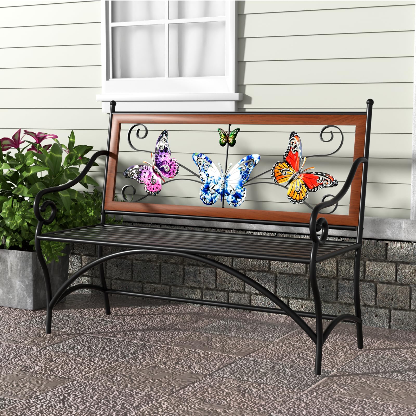 Outdoor Garden Bench with Armrest & Butterfly Backrest
