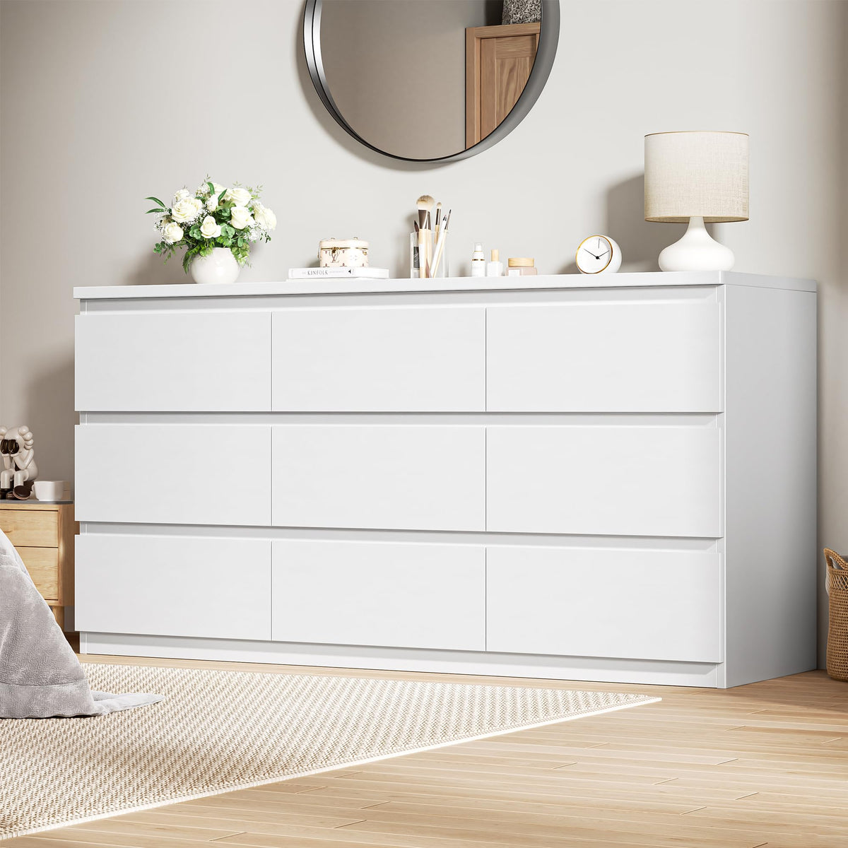 Jocoevol Modern 9 Drawer Dresser for Bedroom, Simply Chest of Drawers, Wood Storage Dresser with Deep Drawers for Living Room Hallway Entryway (White)