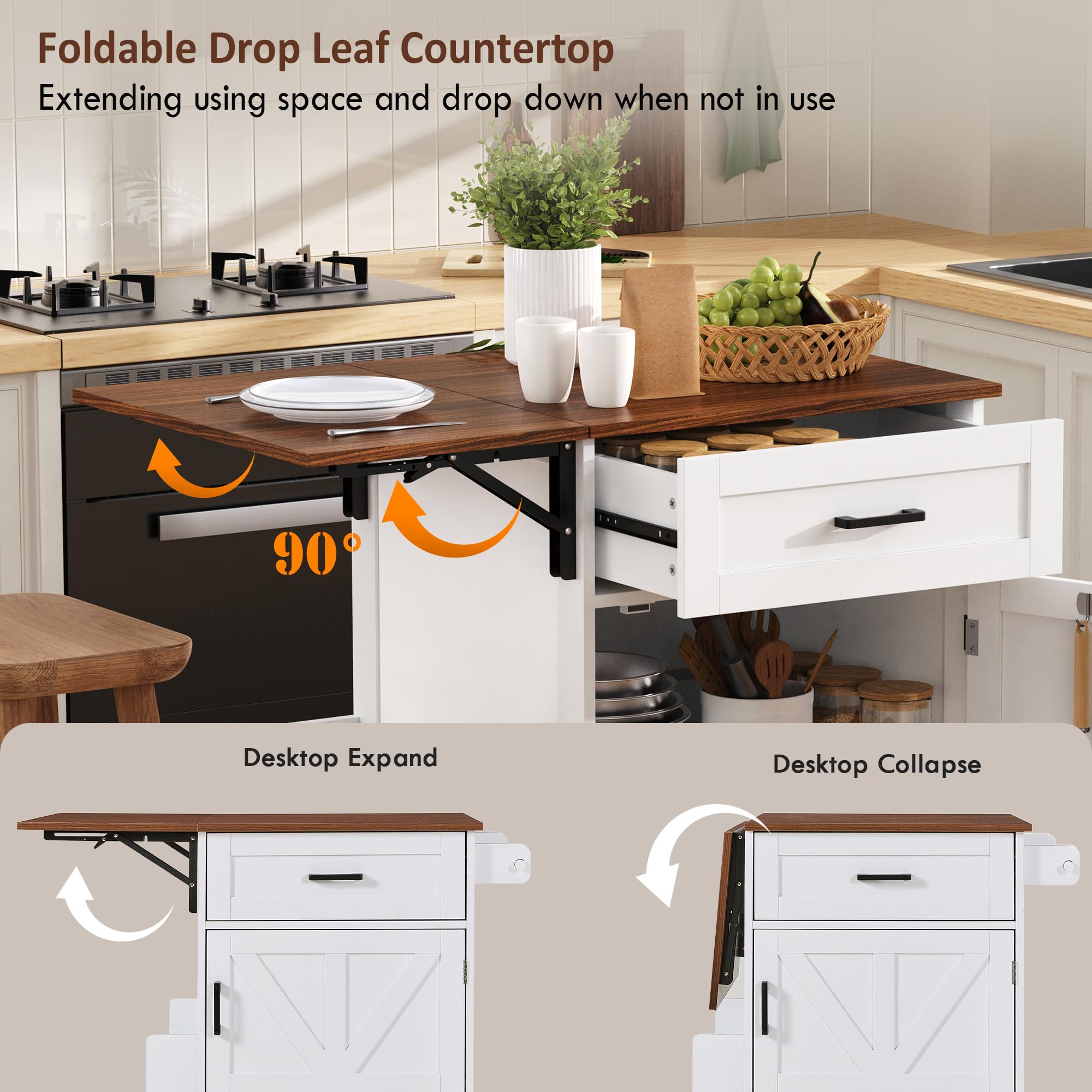 Seeheool K&K 39.3" Farmhouse Kitchen Island with Drop Leaf, Kitchen Storage Island with Open Side Rack, One Drawer, Towel Rack, Rolling Kitchen Cart with Lockable Wheels for Lawn Garden, White