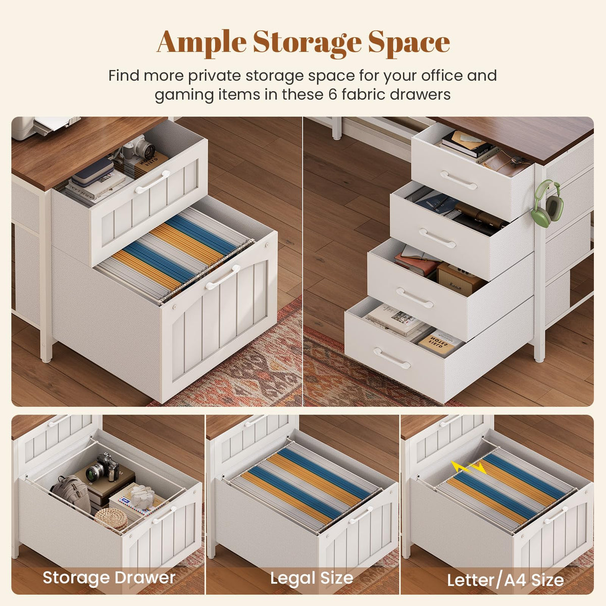 SEDETA Reversible Farmhouse L Shaped Office Desk with 6 Drawer, Hutch