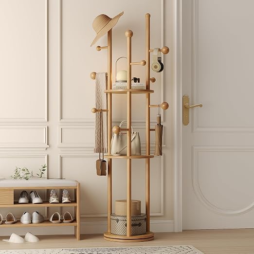 Rotating Wood Coat Rack with Shelves