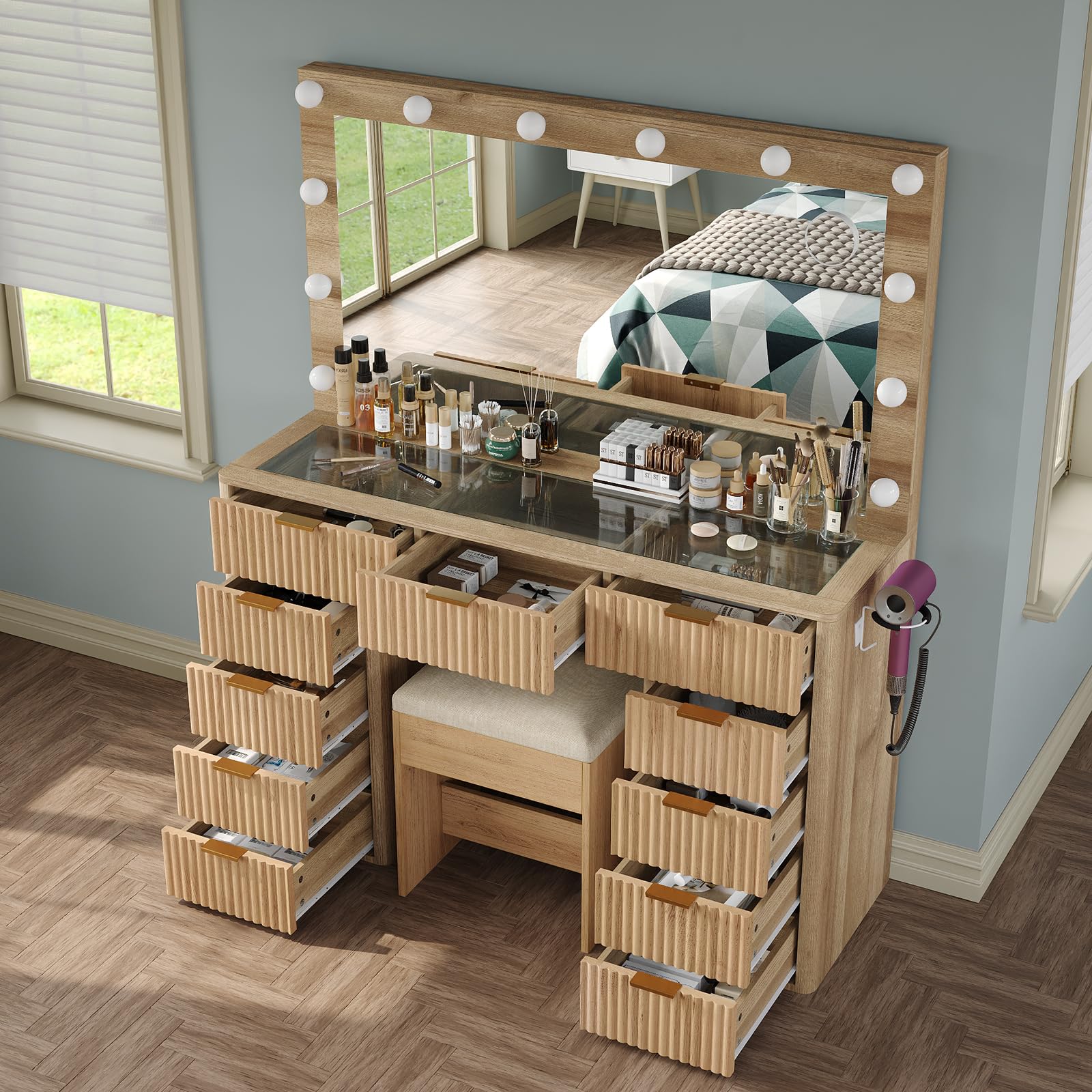 Cozynome 47" Vanity Desk with 3-Color LED Mirror & 11 Drawers, Fluted Makeup Vanity with Glass Top, Charging Station (2 Outlets, 2 USB), Includes Vanity Stool, for Bedroom, Natural