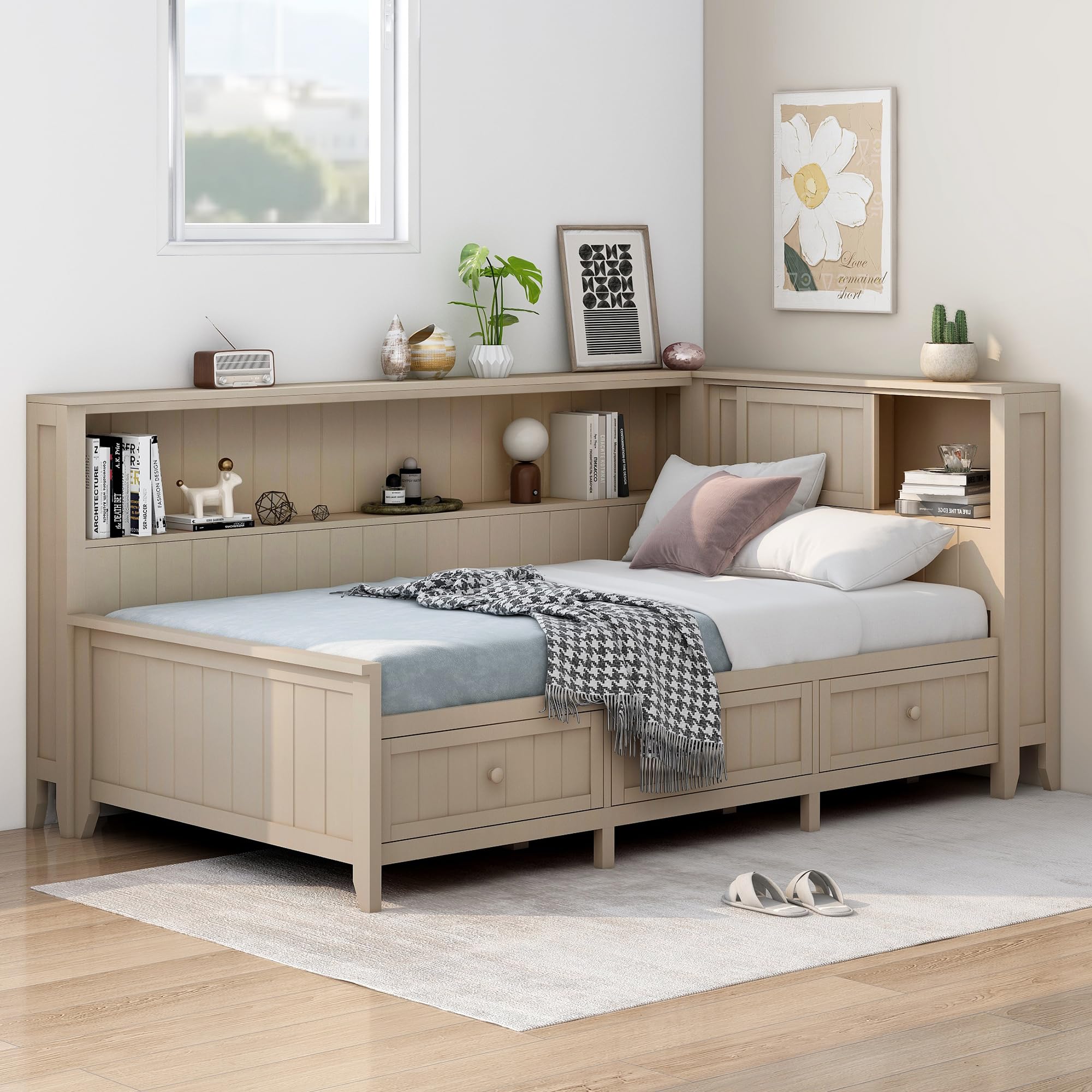 Zeephrog Twin Size Wood Daybed with Trundle and Storage Shelves, Antique White Daybed Frame with Drawers – No Box Spring Needed