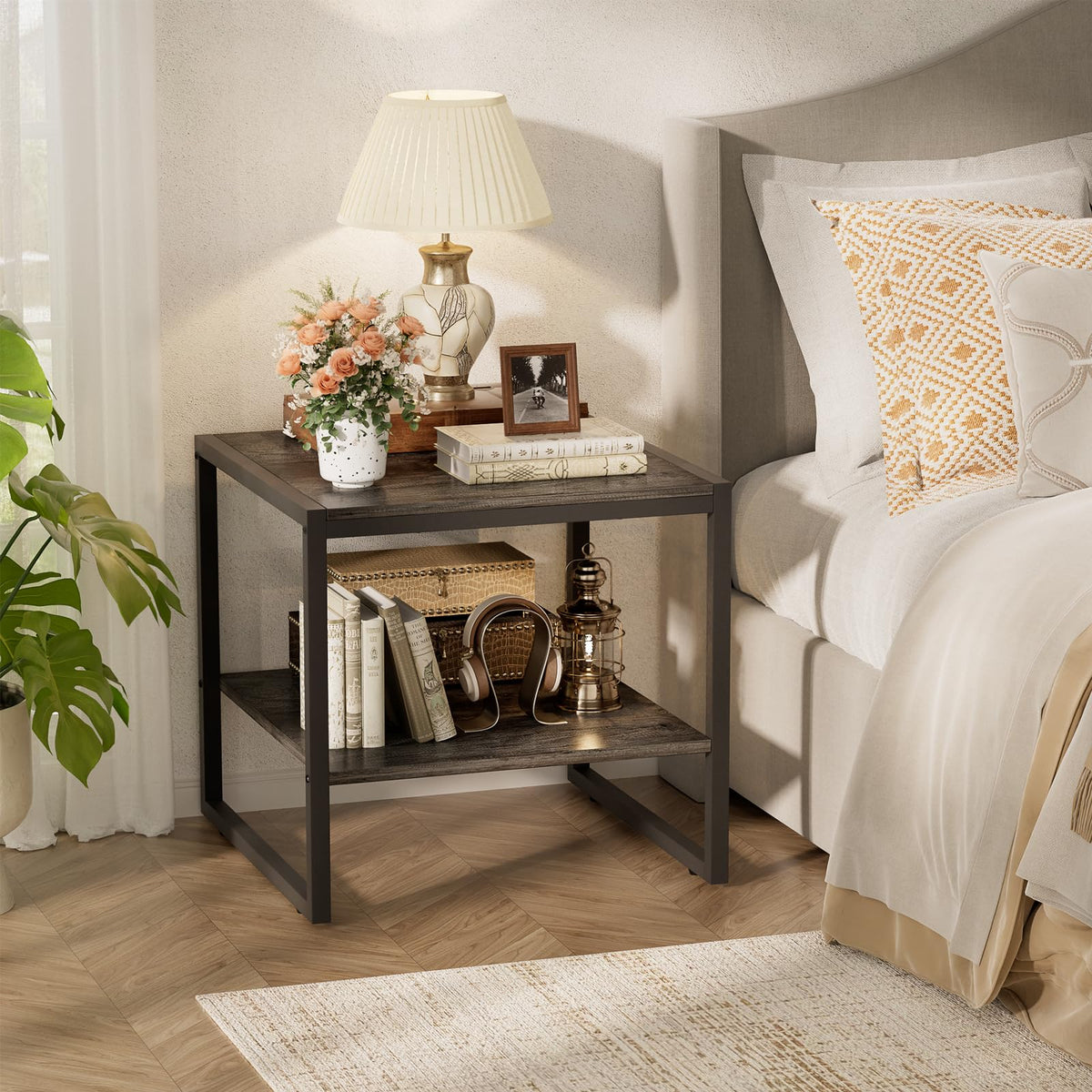 Homieasy End Table, 20 Inch Square Side Table, Mini Fridge Stand, Black Oak