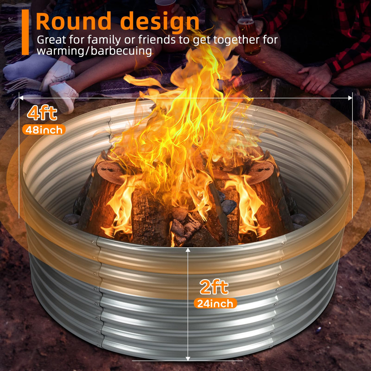 48 inch Fire Pit Ring, 4x4x2FT Galvanized Fire Ring, Wood Burning Fire Pits Ring, Outdoor Fireplace Height 2FT, Round Camp Fire Ring, Bonfire Pit for Camping, Backyard