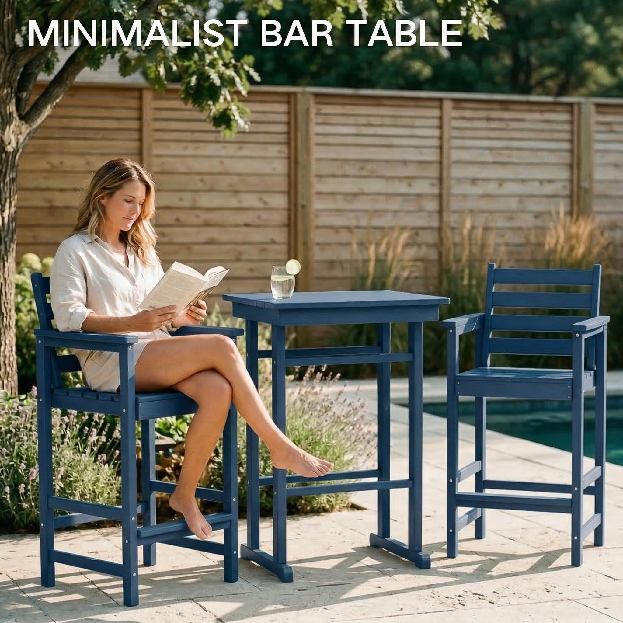 Kingdura Balcony Adirondack Chairs and Table 3 Pieces Set, Adirondack Bar Height Chairs Set of 2 with Matching Bar Table, HDPE Outdoor Bar Stools Set for Bistro, Garden, Poolside (Navy Blue)