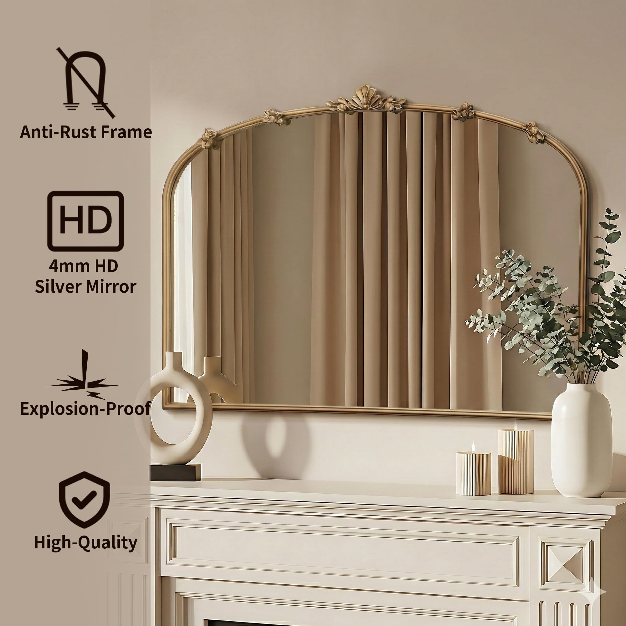 Baroque Arched Wall Mirror – Gold Metal Frame