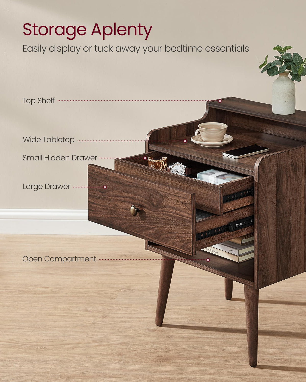 VASAGLE Nightstands, Set of 2, with Hidden Drawers, Solid Wood Legs