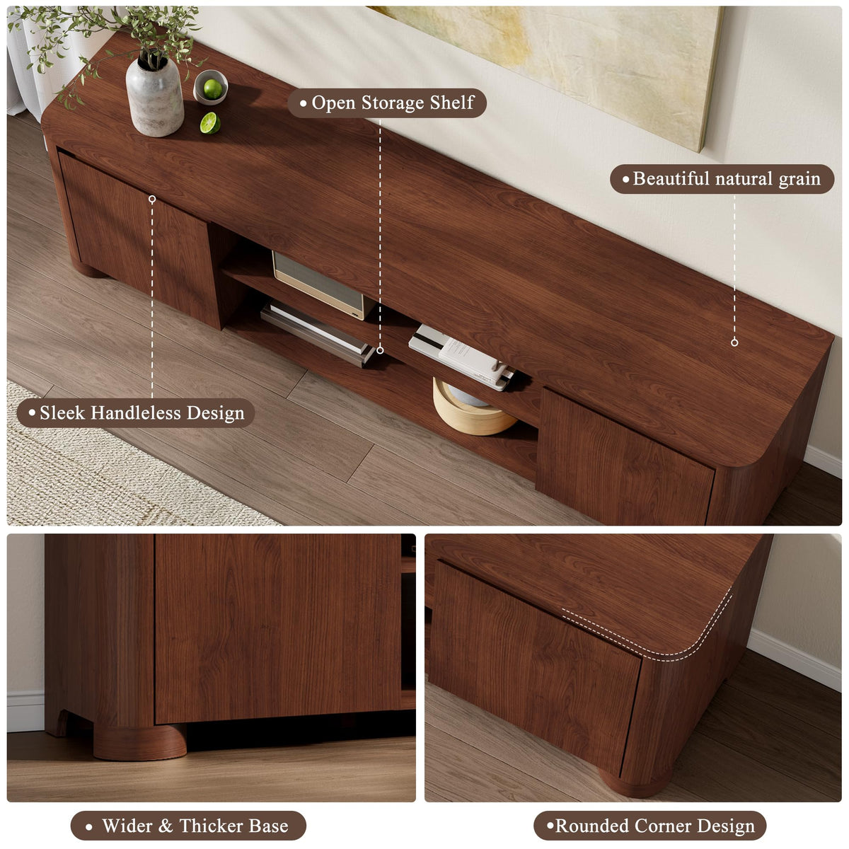 YANSNWO 70" TV Stand for TVs Up to 80" with Rounded Corners, Walnut