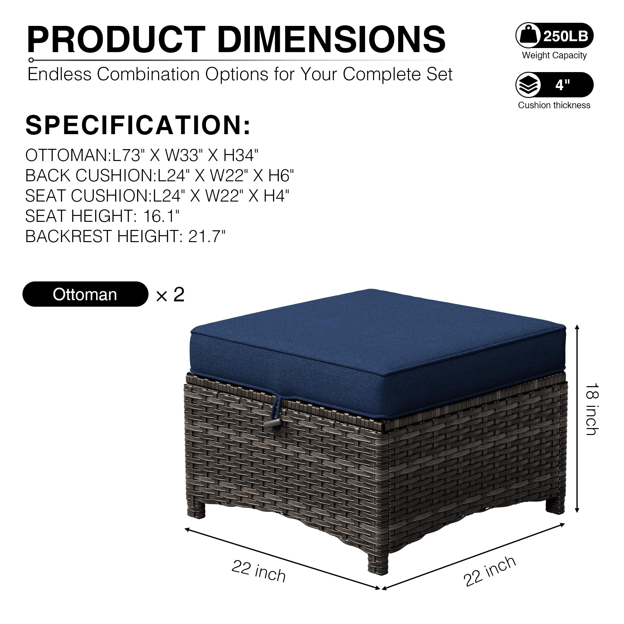 Outdoor Wicker Ottoman Set of 2 with Cushions