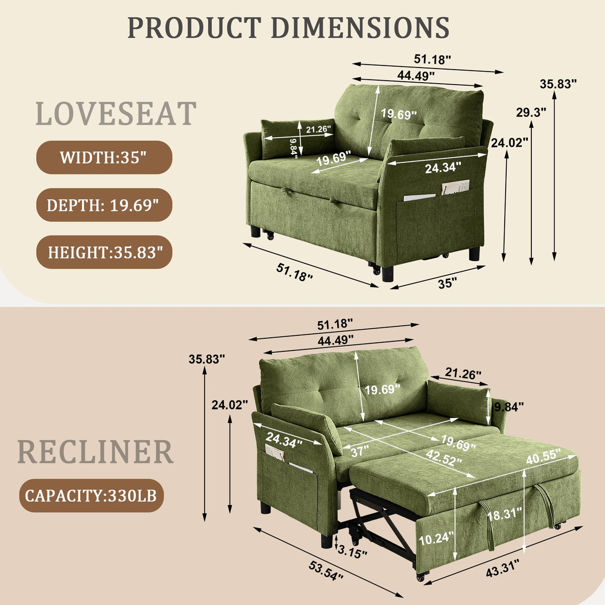 Green Linen Pull-Out Sleeper Loveseat