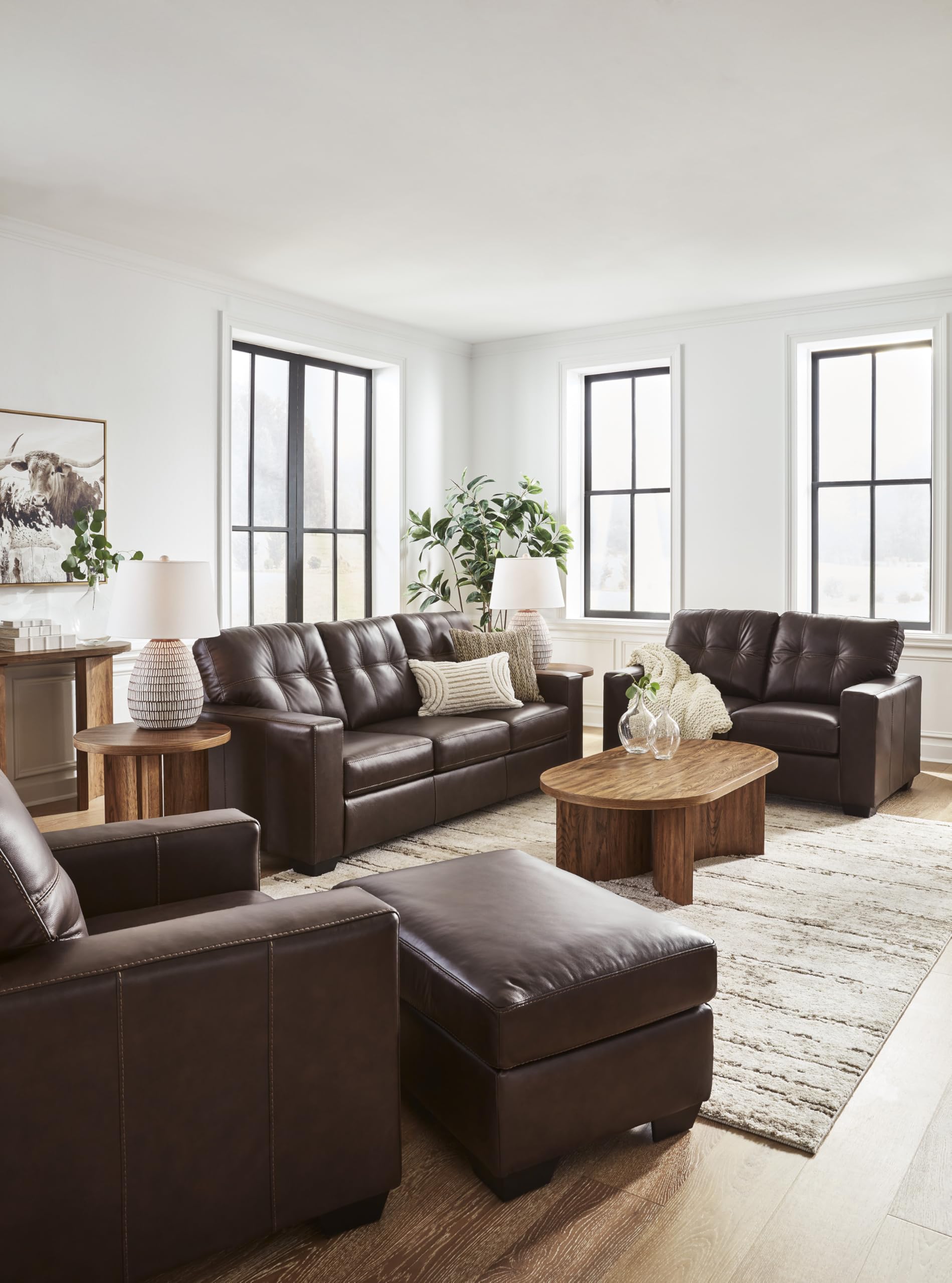 Signature Design by Ashley Santorine Classic Leather Match Rectangular Ottoman for Living Room, Dark Brown