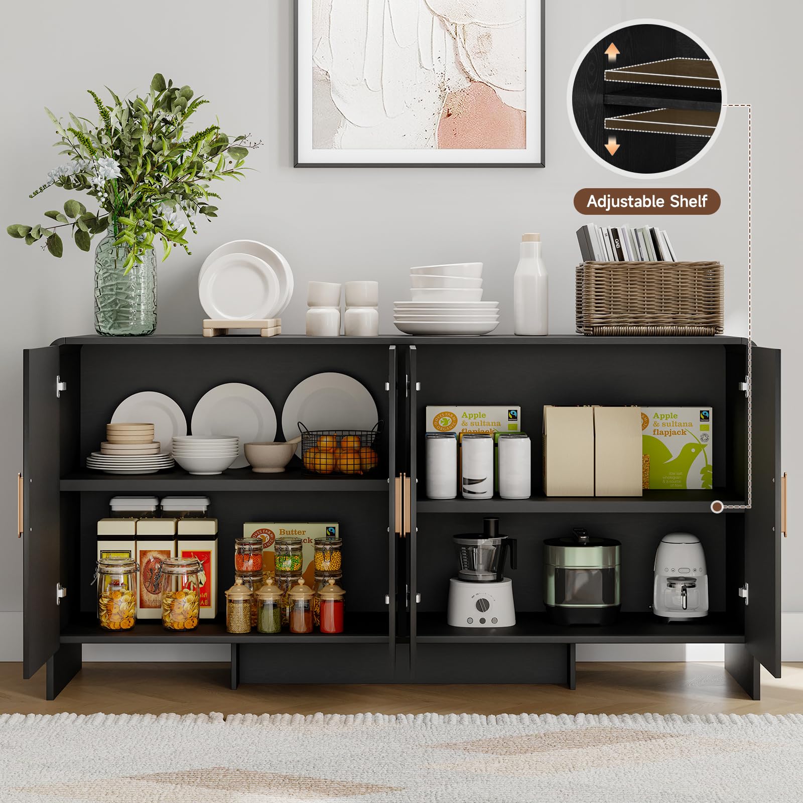 ONBRILL 60" Sideboard Buffet Cabinet with Storage, Curved Design Farmhouse Modern Coffee Bar Cabinet with 4 Doors & Adjustable Shelves for Living Room, Kitchen, Hallway, Black