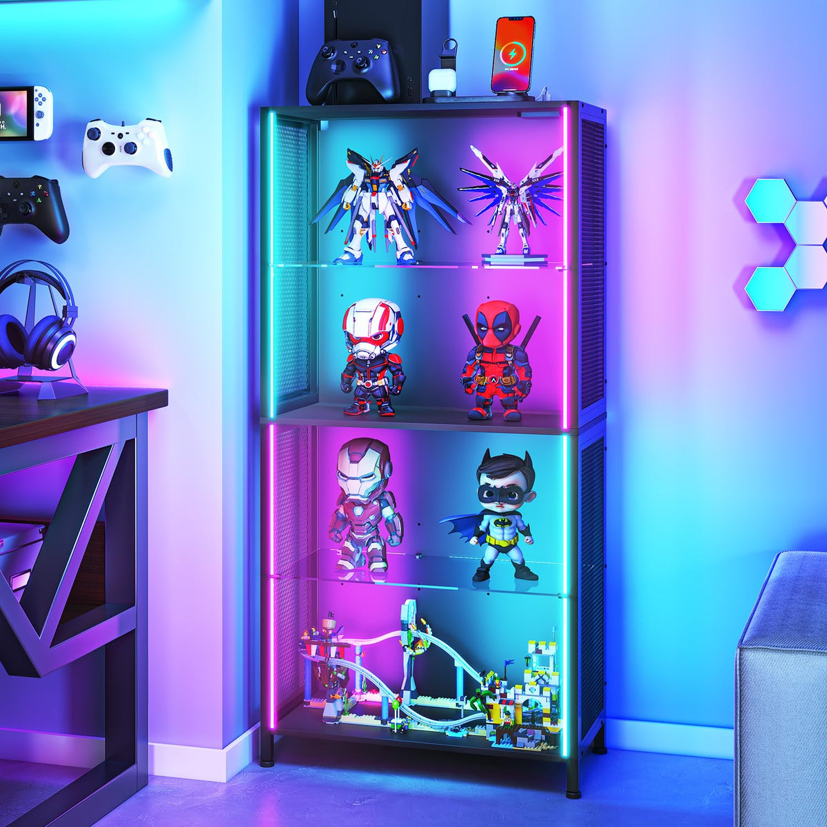 4-Tier Display Cabinet with RGB Lights and Glass Shelves