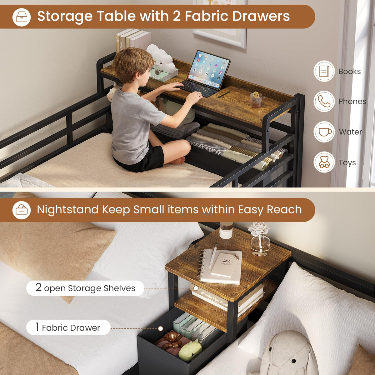 Triple Bunk Bed with Storage Drawers and Charging Station