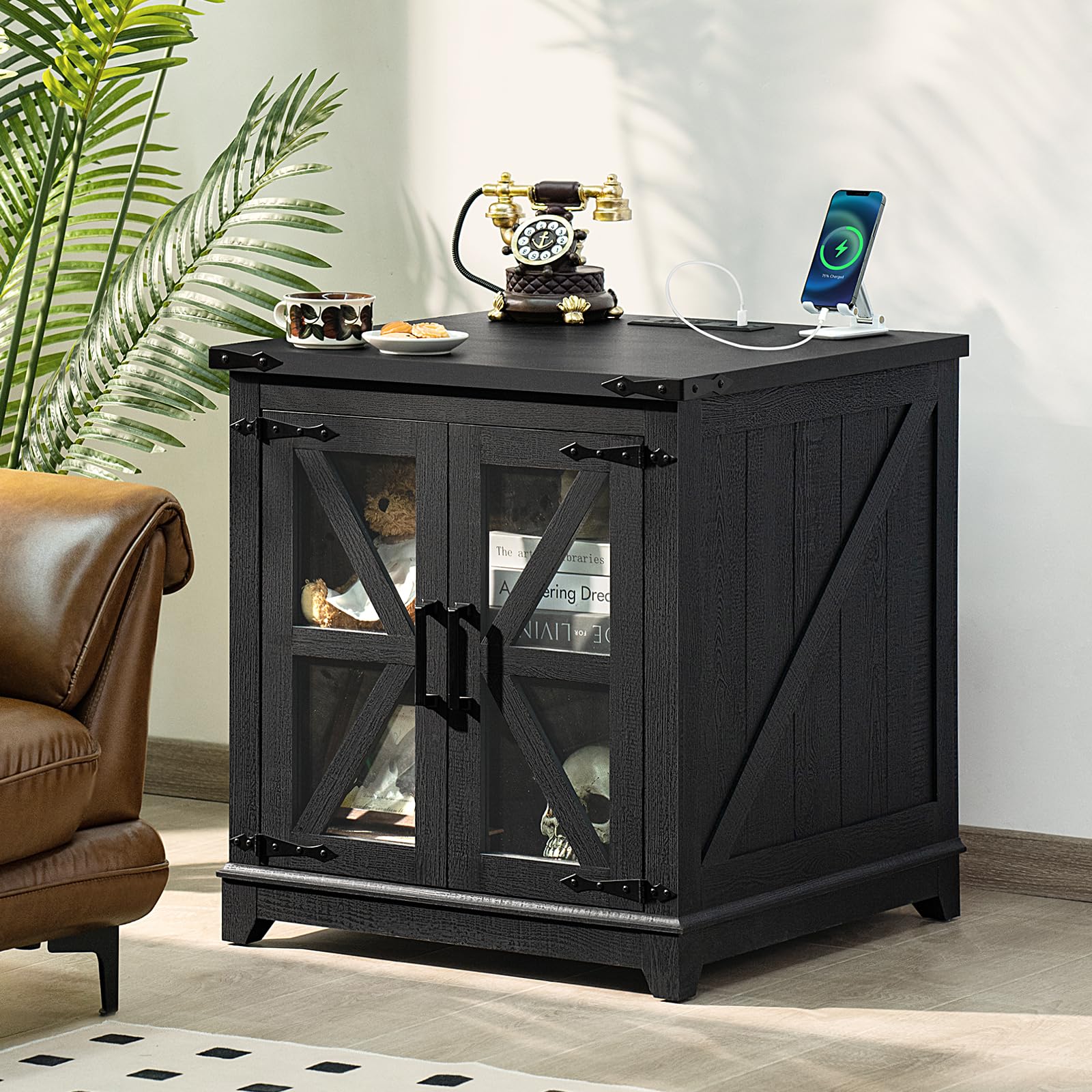 Farmhouse End Table with Charging Station & Glass Barn Door