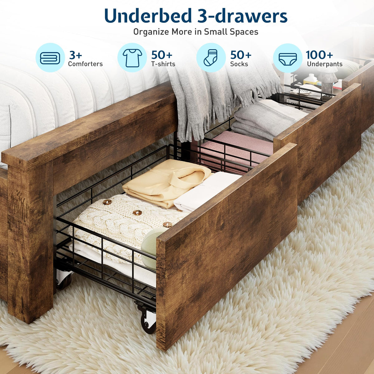 Jocisland Twin Bed Frame Bookcase Headboard, USB/LED＆3 Drawers, Rustic Oak