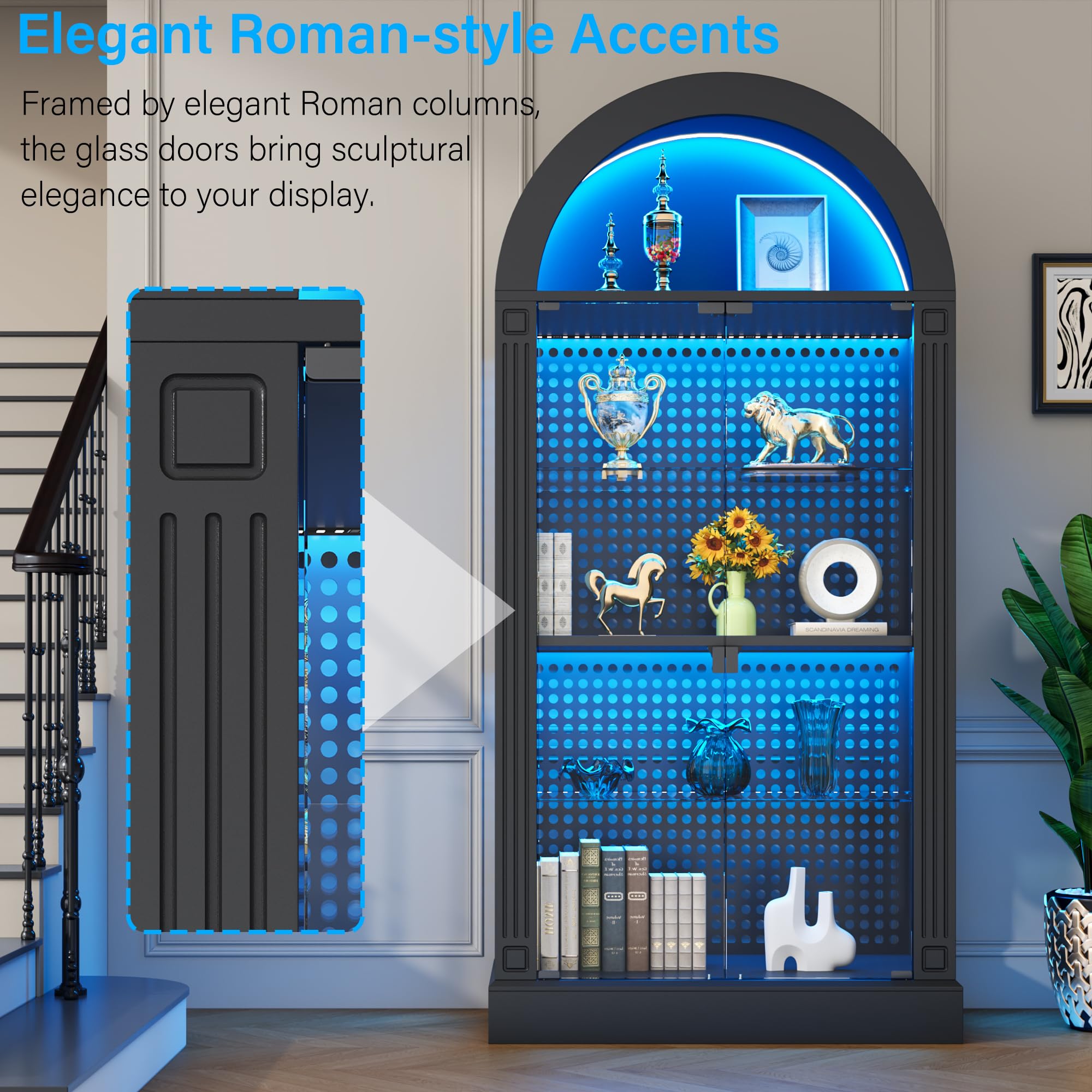 kepptory 5-Tier Glass Display Cabinet with Glass Doors, 71" Tall Arched Curio Cabinet with Roman Line Design and LED Lights, Display Case for Collectibles Bookcase Office and Kitchen