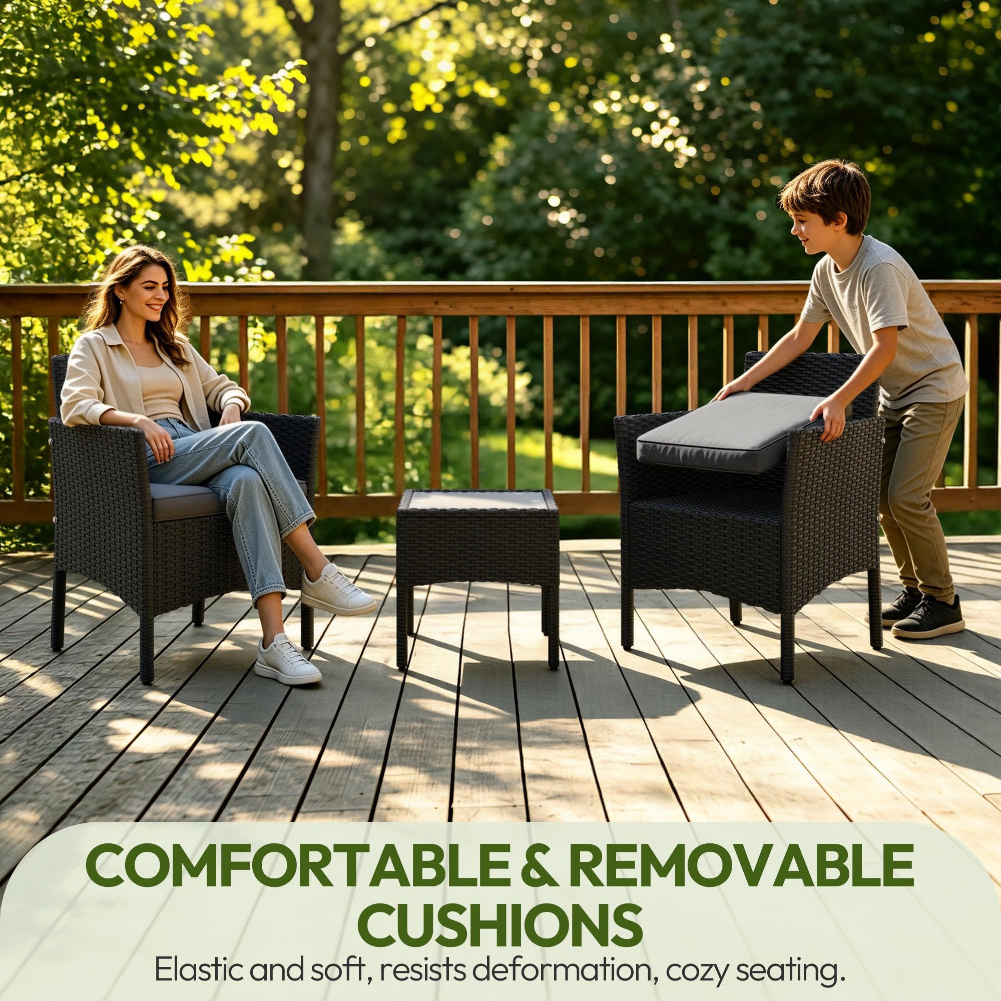 Yaheetech 3 Pieces Patio Conversation Set, Outdoor Rattan Bistro Furniture, 2 Chairs with Cushions & 1 Side Table for Bistro/Porch/Garden/Deck/Courtyard, Black/Khaki